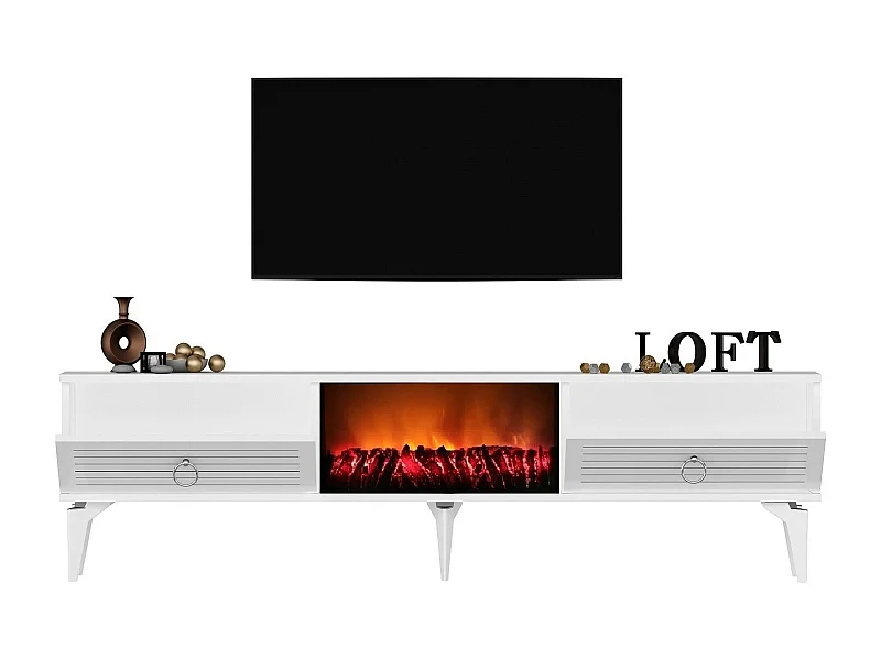 Szafka RTV z kominkiem elektrycznym – 150 cm x 44,6 cm x 29,6 cm – biała – płyta wiórowa pokryta melaminą