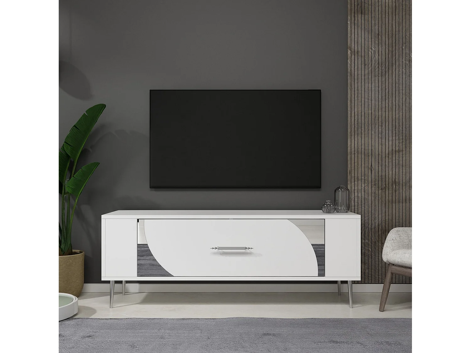 Mobile TV – 120 cm x 48,2 cm x 26,4 cm – Bianco e argento – Pannello truciolare rivestito in melaminico