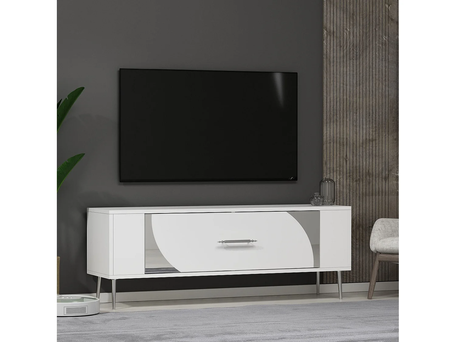 Mobile TV – 120 cm x 48,2 cm x 26,4 cm – Bianco e argento – Pannello truciolare rivestito in melaminico