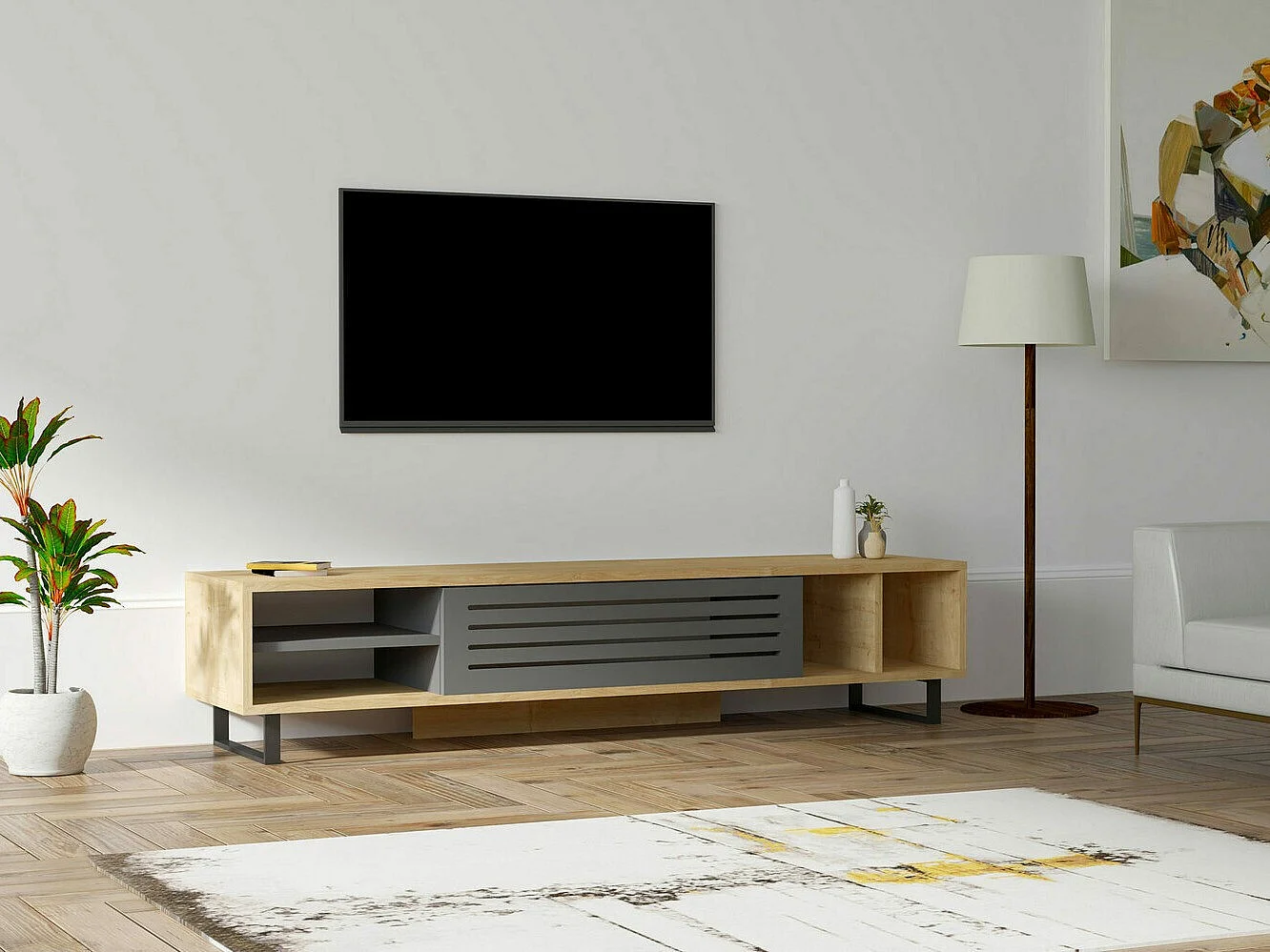 Meuble TV industriel scandinave – Largeur 160 cm – Saphir et anthracite – Panneau de particules mélaminé