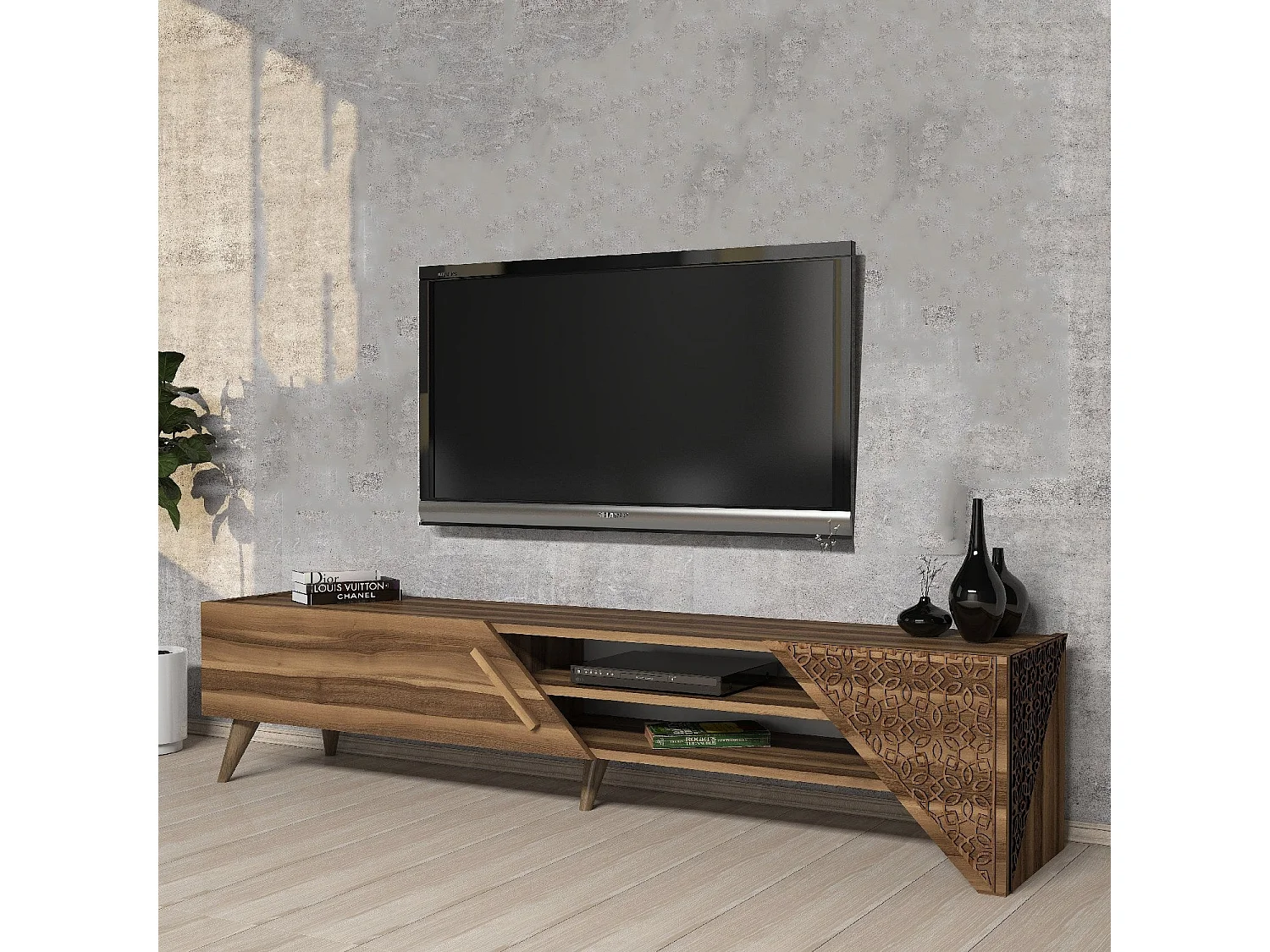 Meuble TV élégant – 180 cm x 37 cm x 40 cm – noyer – panneaux de particules mélaminés