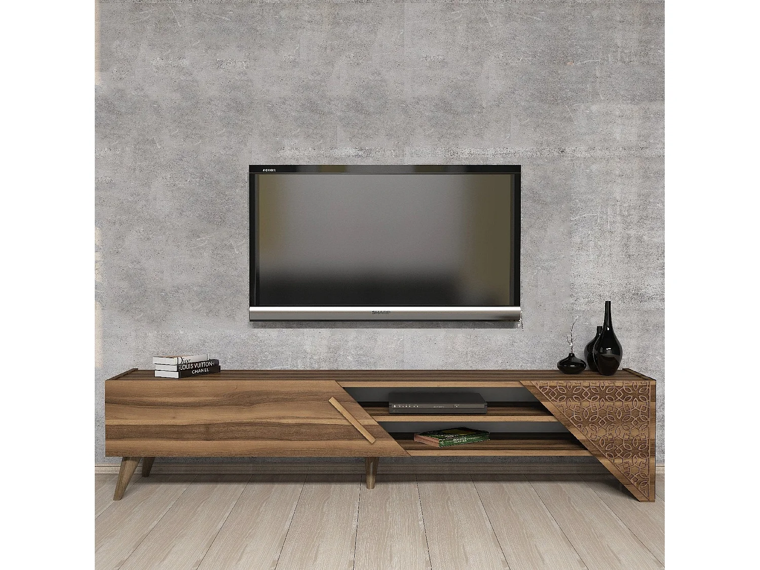 Meuble TV élégant – 180 cm x 37 cm x 40 cm – noyer – panneaux de particules mélaminés