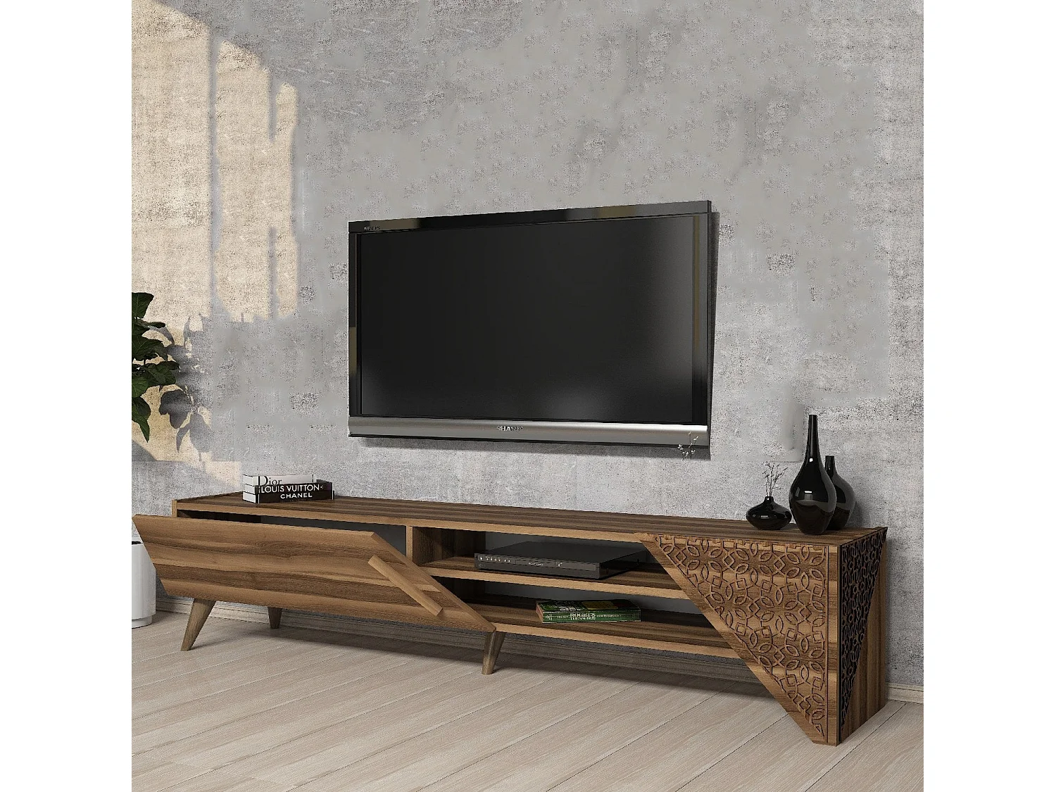 Meuble TV élégant – 180 cm x 37 cm x 40 cm – noyer – panneaux de particules mélaminés
