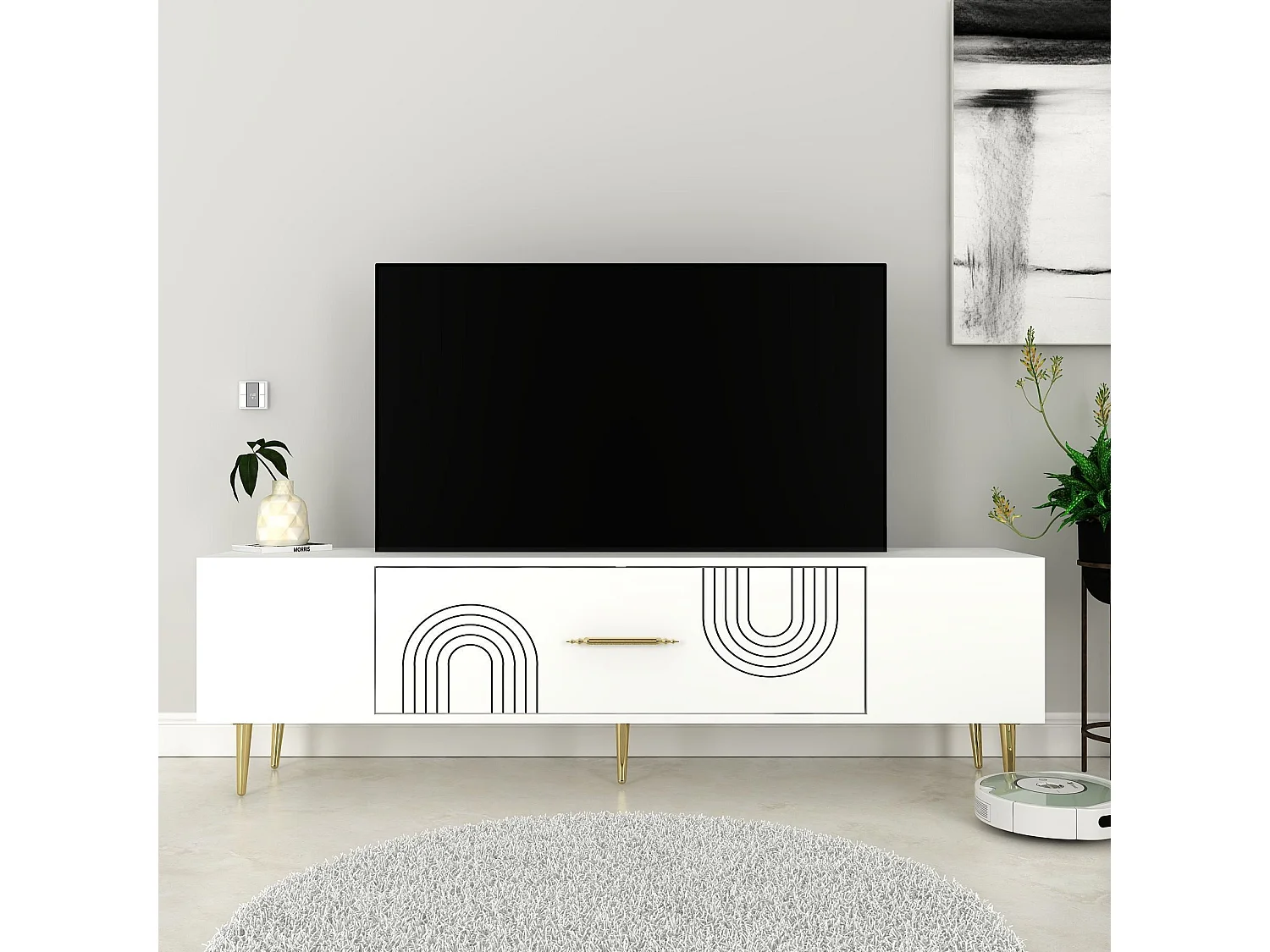Meuble Tv design 1 porte basculante Serena L150cm Blanc et Or