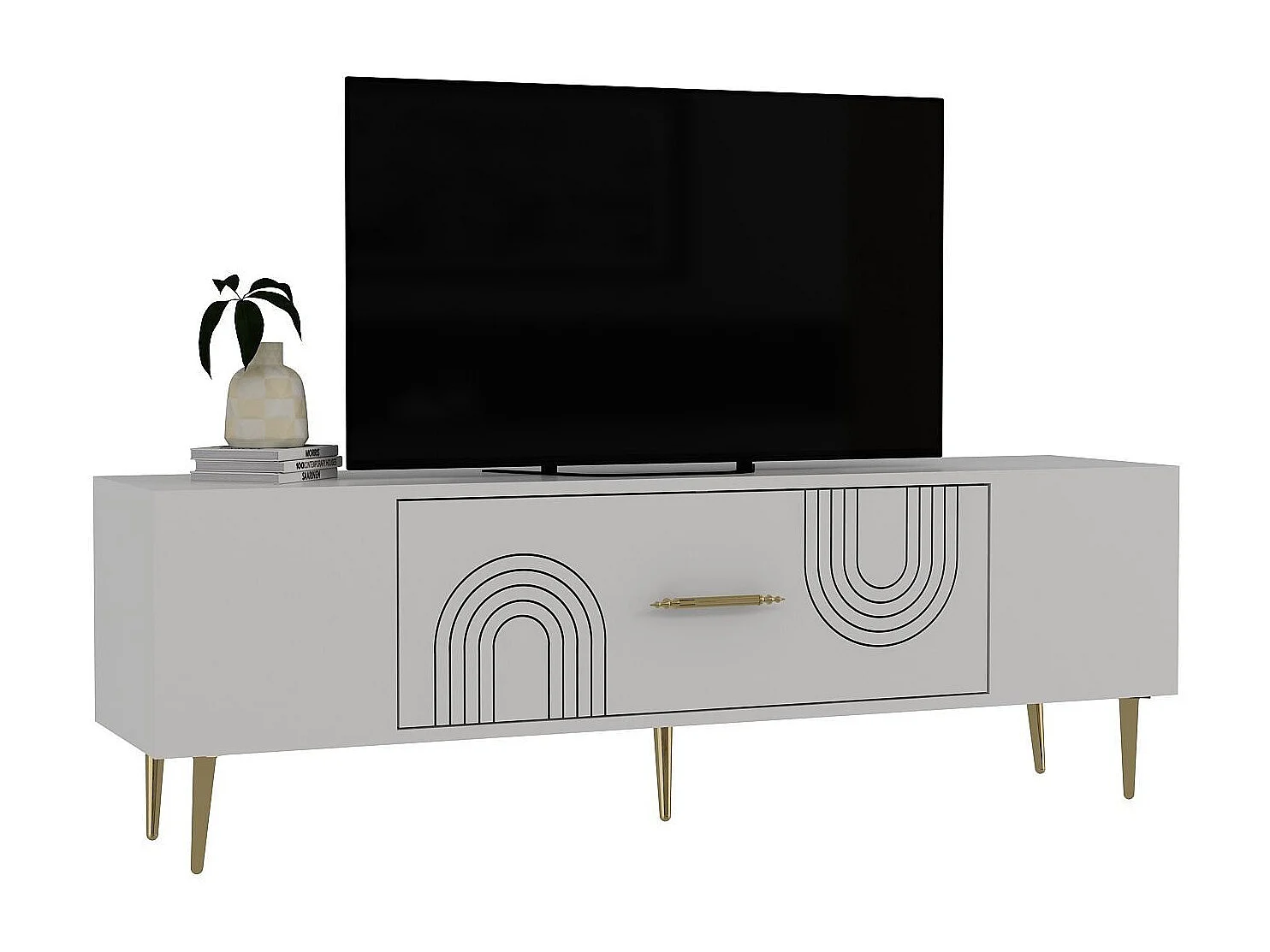 Meuble Tv design 1 porte basculante Serena L150cm Blanc et Or
