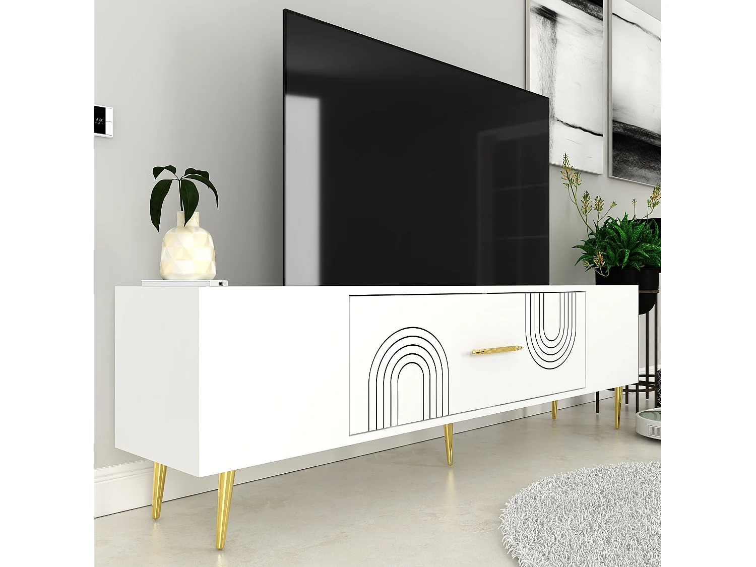 Meuble Tv design 1 porte basculante Serena L150cm Blanc et Or