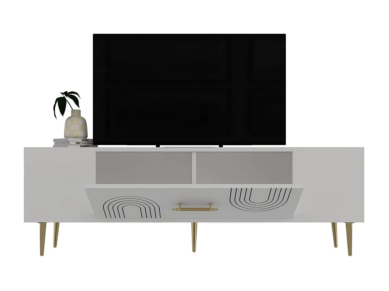 Meuble Tv design 1 porte basculante Serena L150cm Blanc et Or