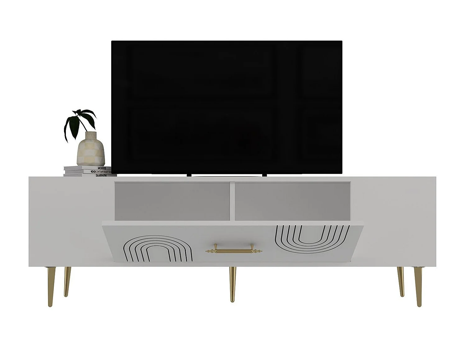 Meuble Tv design 1 porte basculante Serena L150cm Blanc et Or