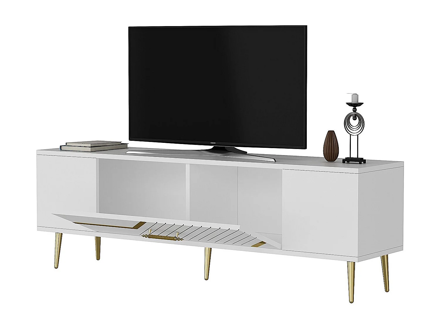 Meuble Tv design 1 porte basculante Merina L150cm Blanc et Or