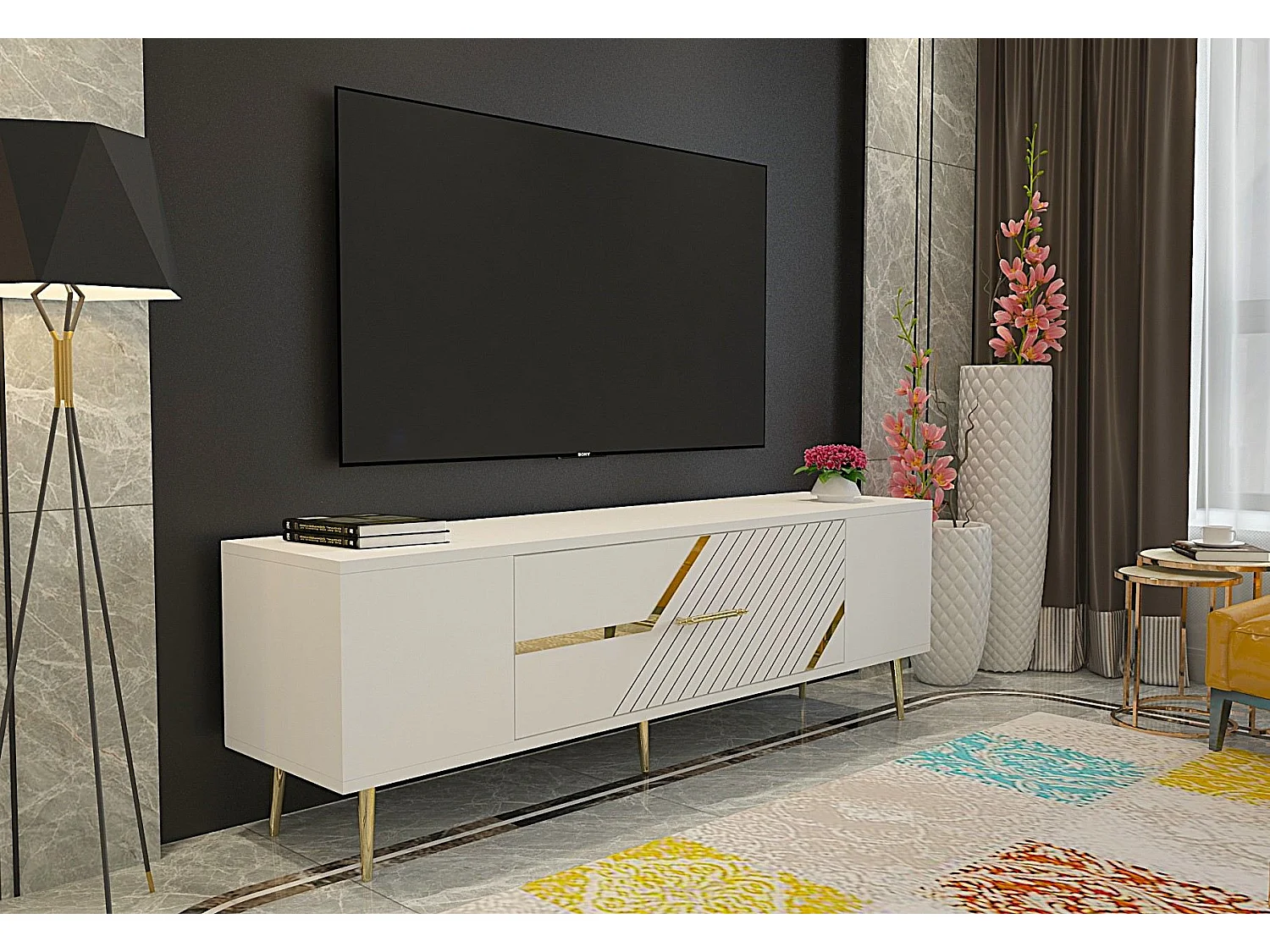 Meuble Tv design 1 porte basculante Merina L150cm Blanc et Or