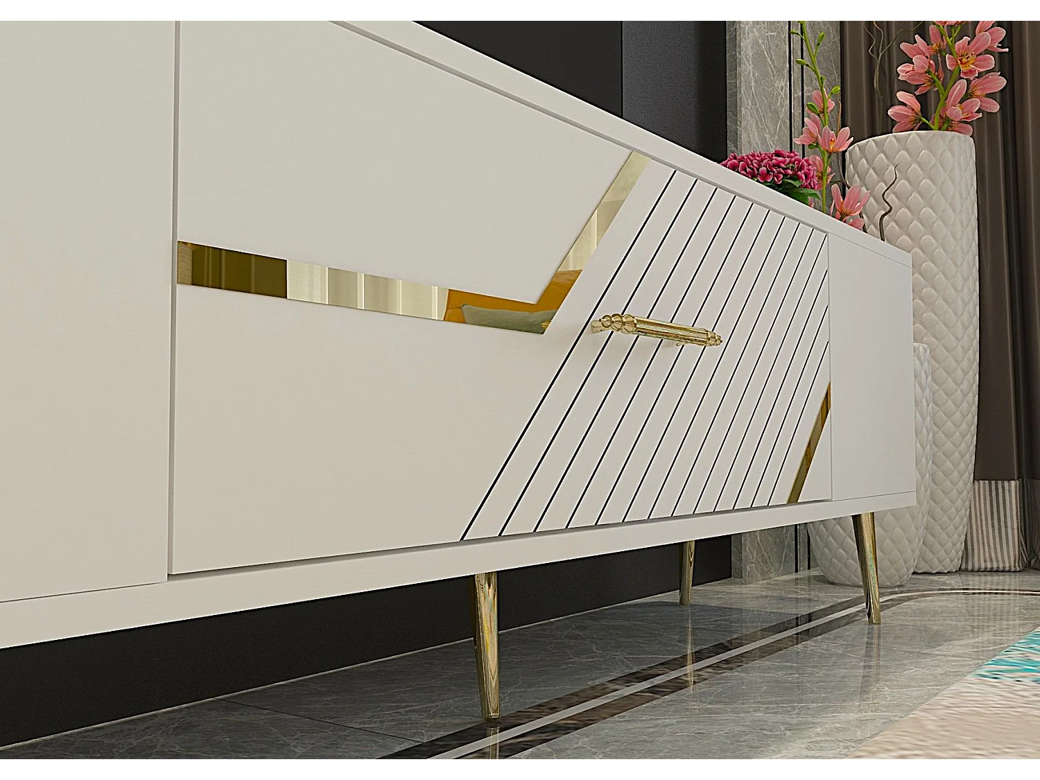 Meuble Tv design 1 porte basculante Merina L150cm Blanc et Or