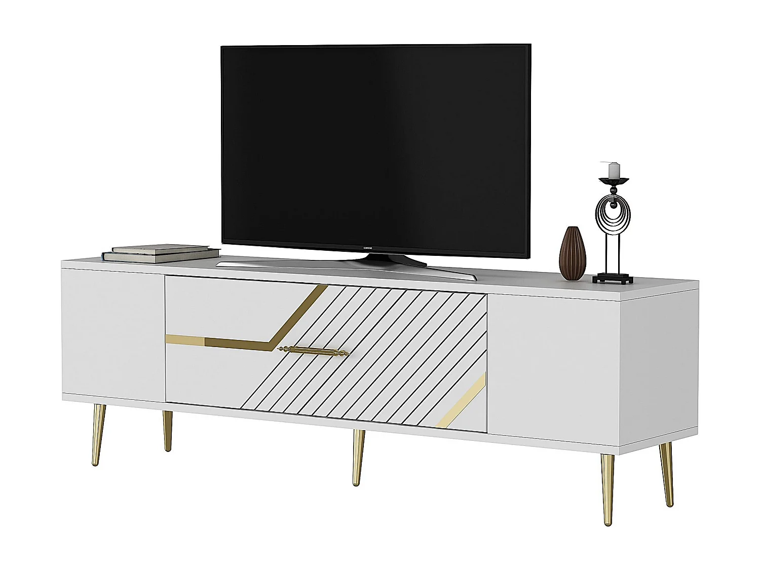 Meuble Tv design 1 porte basculante Merina L150cm Blanc et Or