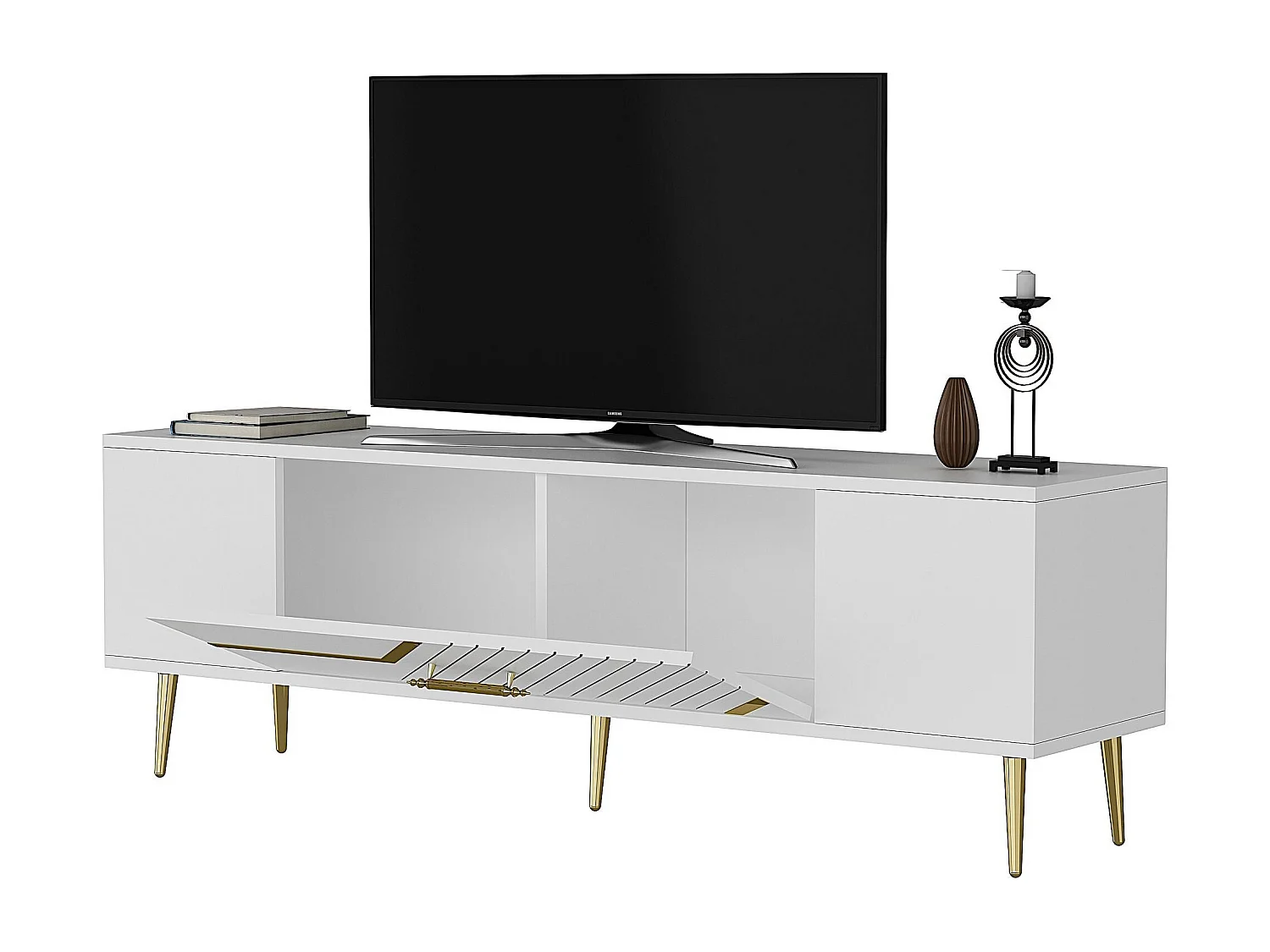 Meuble Tv design 1 porte basculante Merina L150cm Blanc et Or