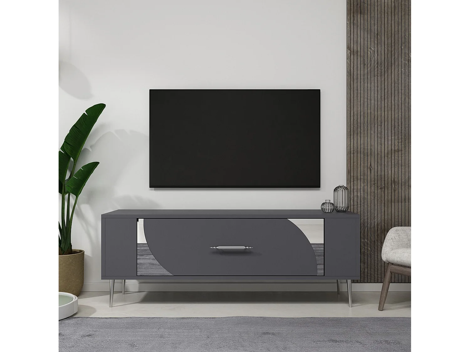 TV-Ständer – 120 cm x 48,2 cm x 26,4 cm – Anthrazit und Silber – Melaminbeschichtete Spanplatte