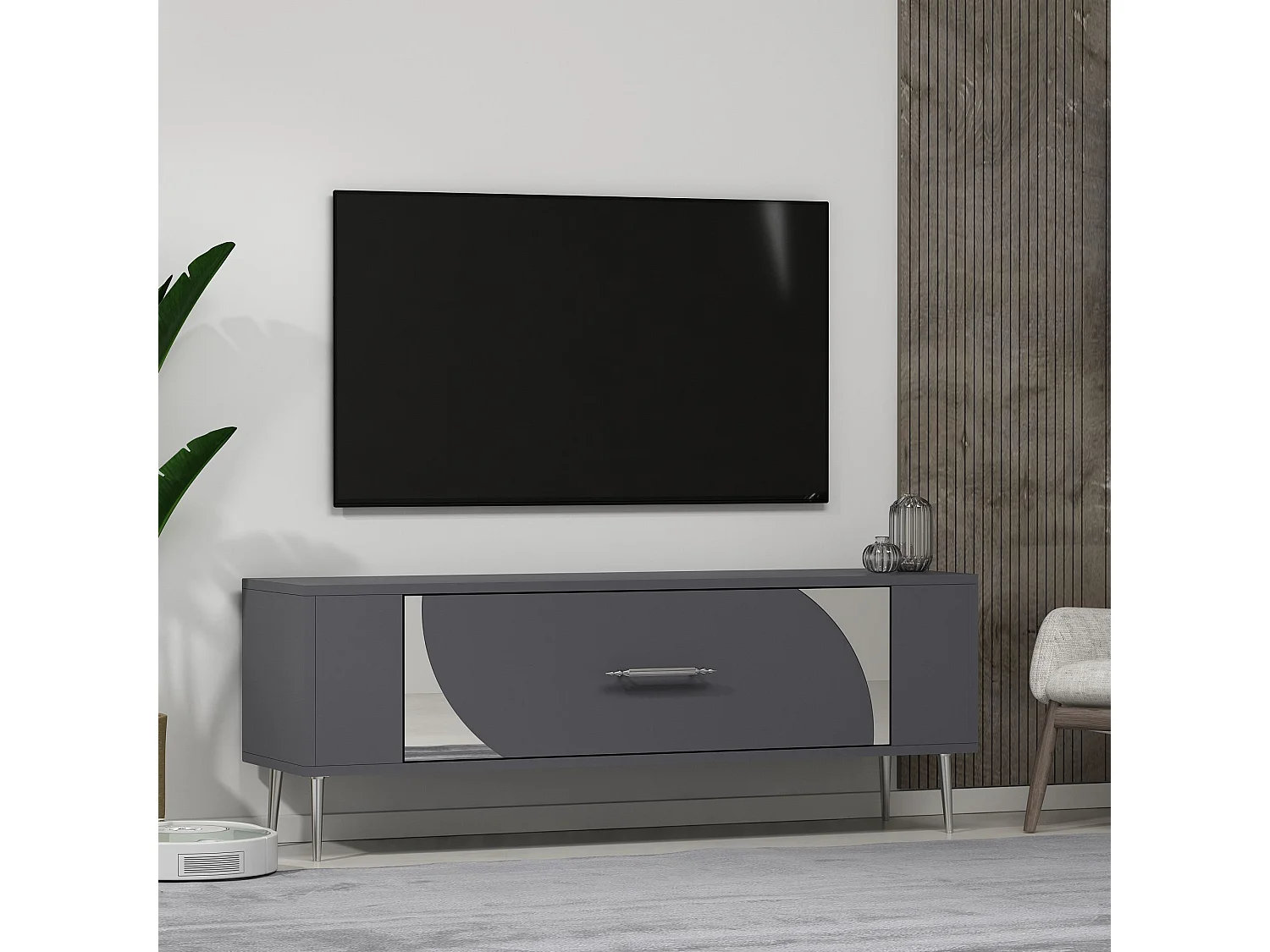 TV-Ständer – 120 cm x 48,2 cm x 26,4 cm – Anthrazit und Silber – Melaminbeschichtete Spanplatte
