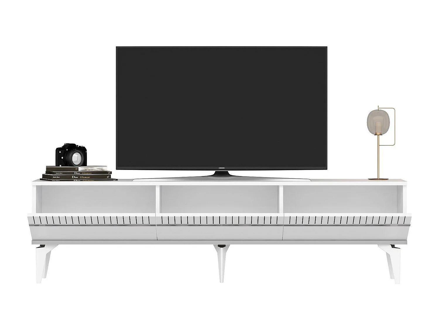 Meuble Tv design 3 portes basculantes Zerka L180cm Blanc et Argent