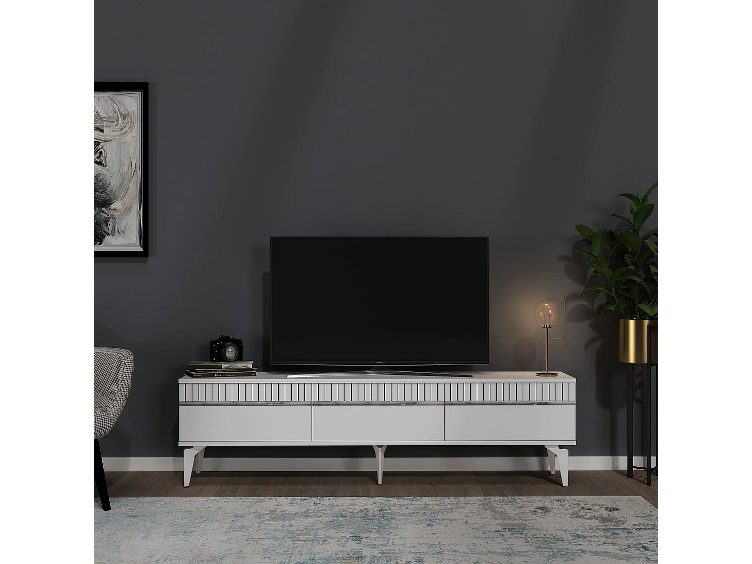 Meuble Tv design 3 portes basculantes Zerka L180cm Blanc et Argent