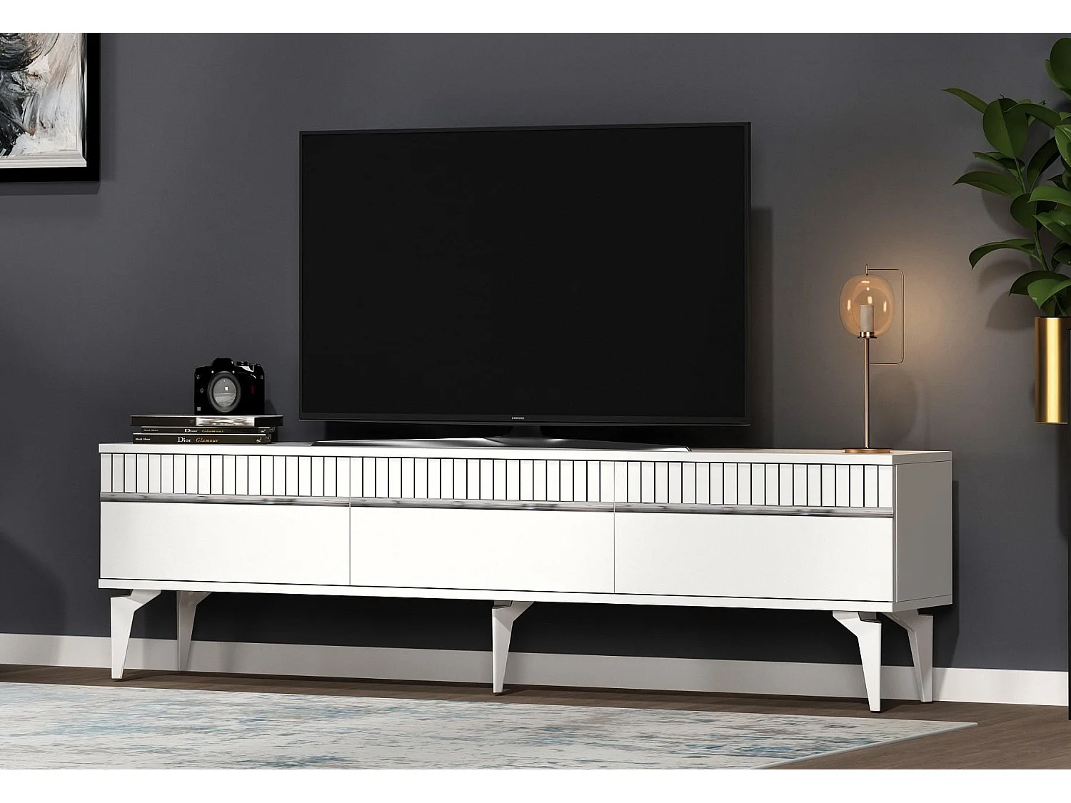 Meuble Tv design 3 portes basculantes Zerka L180cm Blanc et Argent