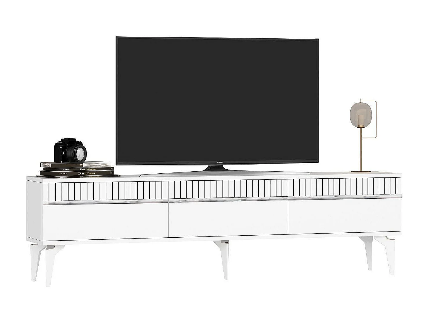 Meuble Tv design 3 portes basculantes Zerka L180cm Blanc et Argent