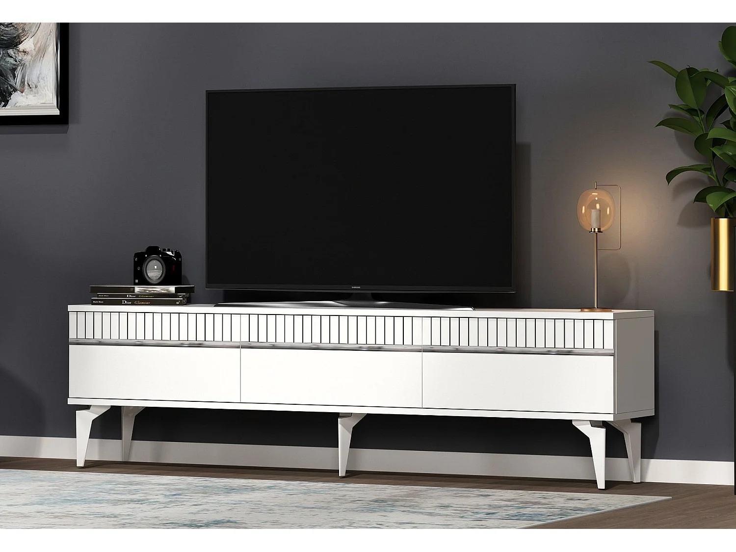 Meuble Tv design 3 portes basculantes Zerka L180cm Blanc et Argent