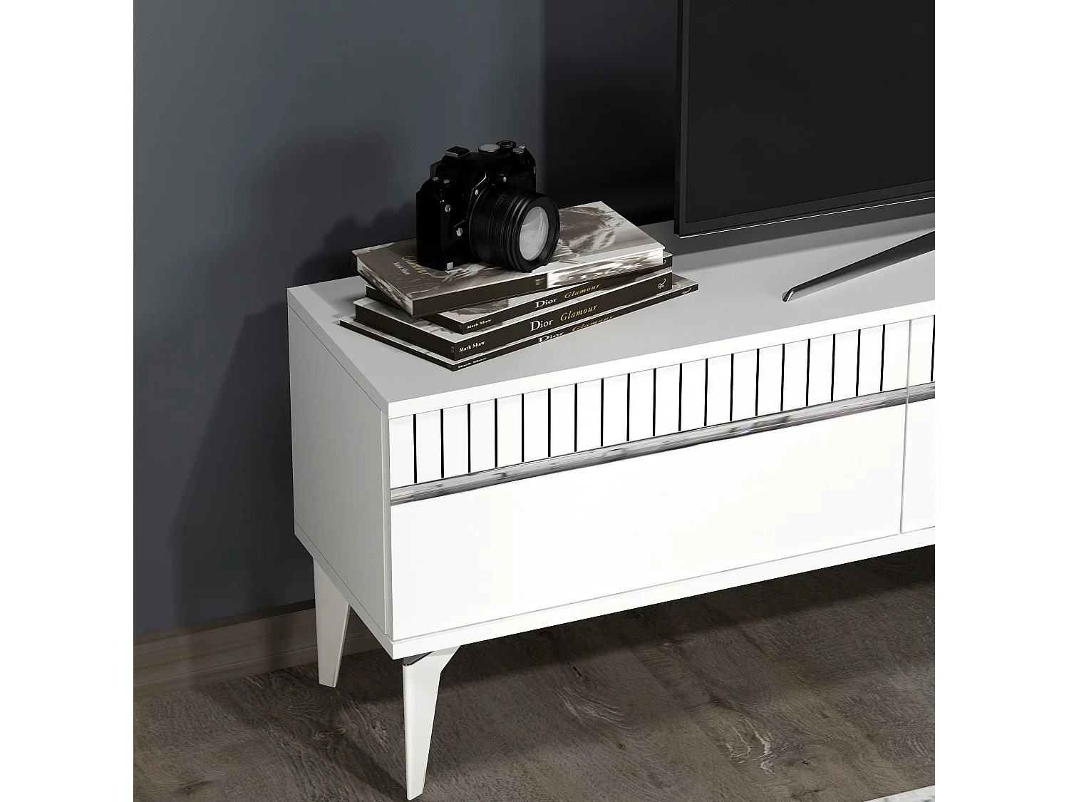 Meuble Tv design 3 portes basculantes Zerka L180cm Blanc et Argent