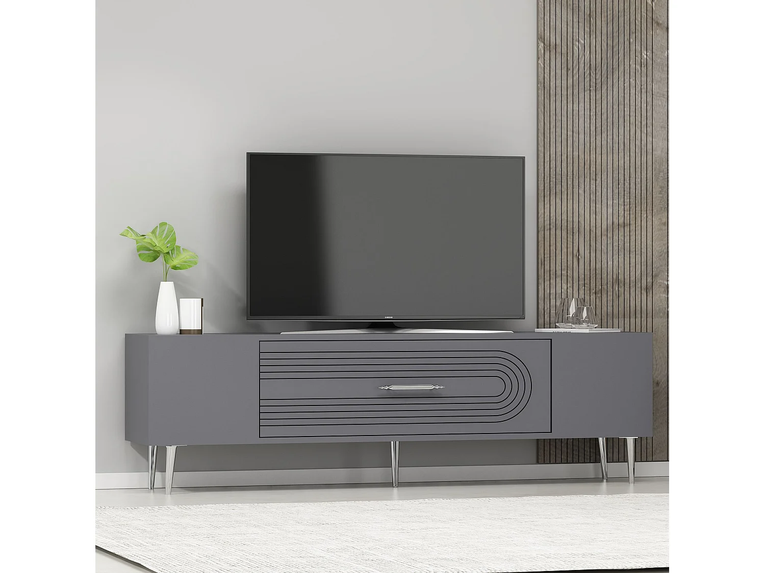 TV-Schrank – 150 cm x 48,2 cm x 29,6 cm – Anthrazit und Silber – Melaminbeschichtete Spanplatte