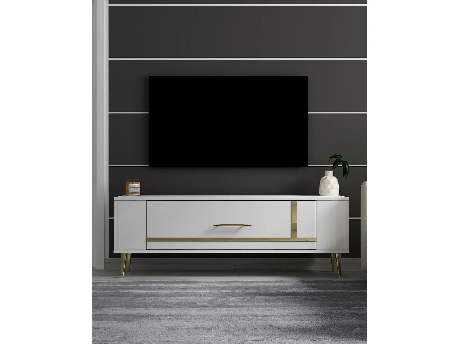 TV-Ständer – 120 cm x 48,2 cm x 26,4 cm – Weiß und Gold – Melaminbeschichtete Spanplatte