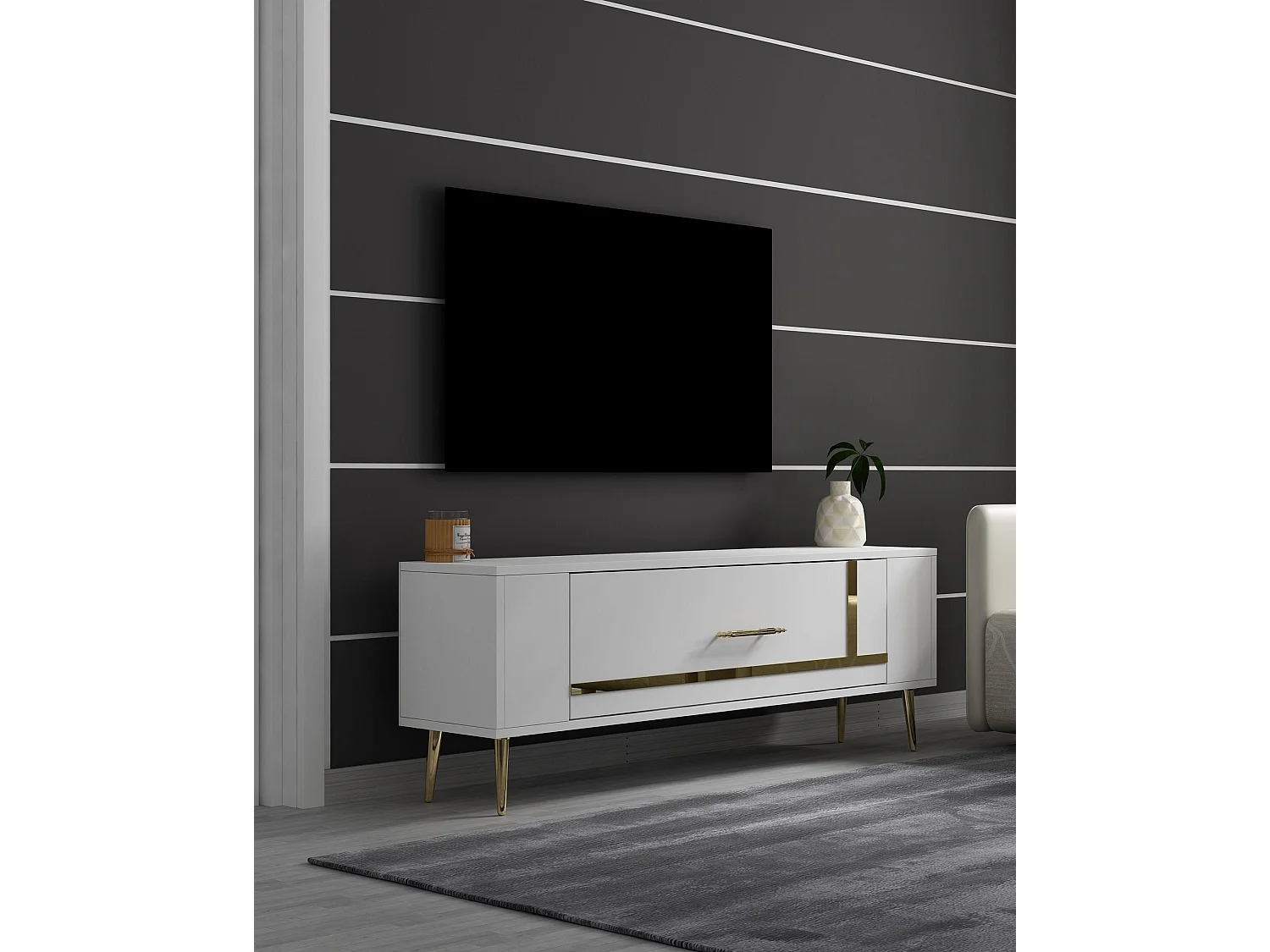 TV-Ständer – 120 cm x 48,2 cm x 26,4 cm – Weiß und Gold – Melaminbeschichtete Spanplatte