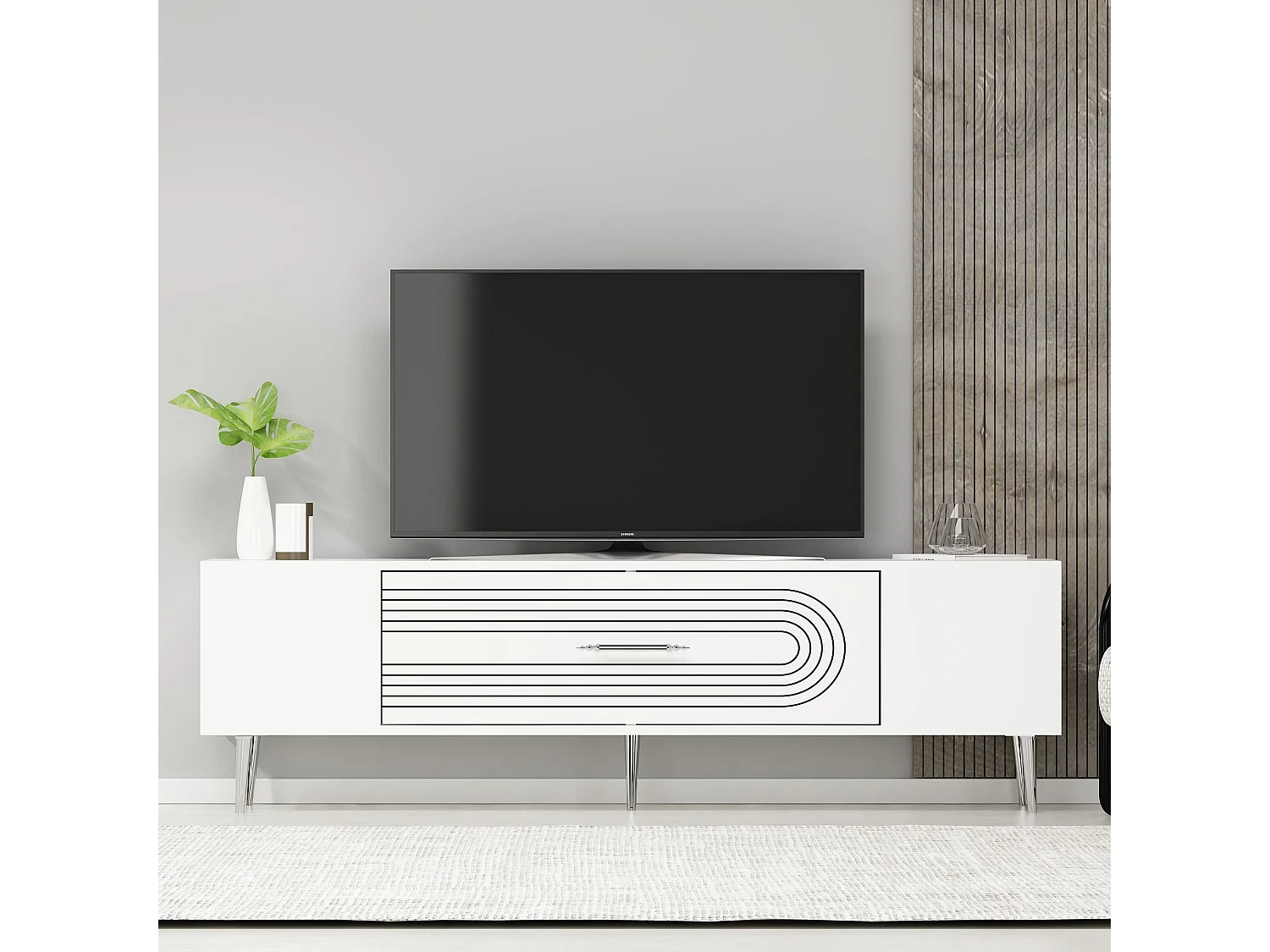 Meuble Tv design 1 porte basculante Steri L150cm Blanc et Argent