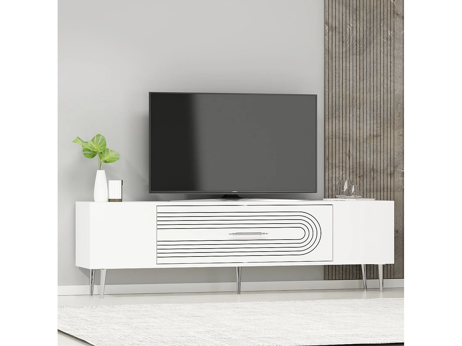 Meuble Tv design 1 porte basculante Steri L150cm Blanc et Argent