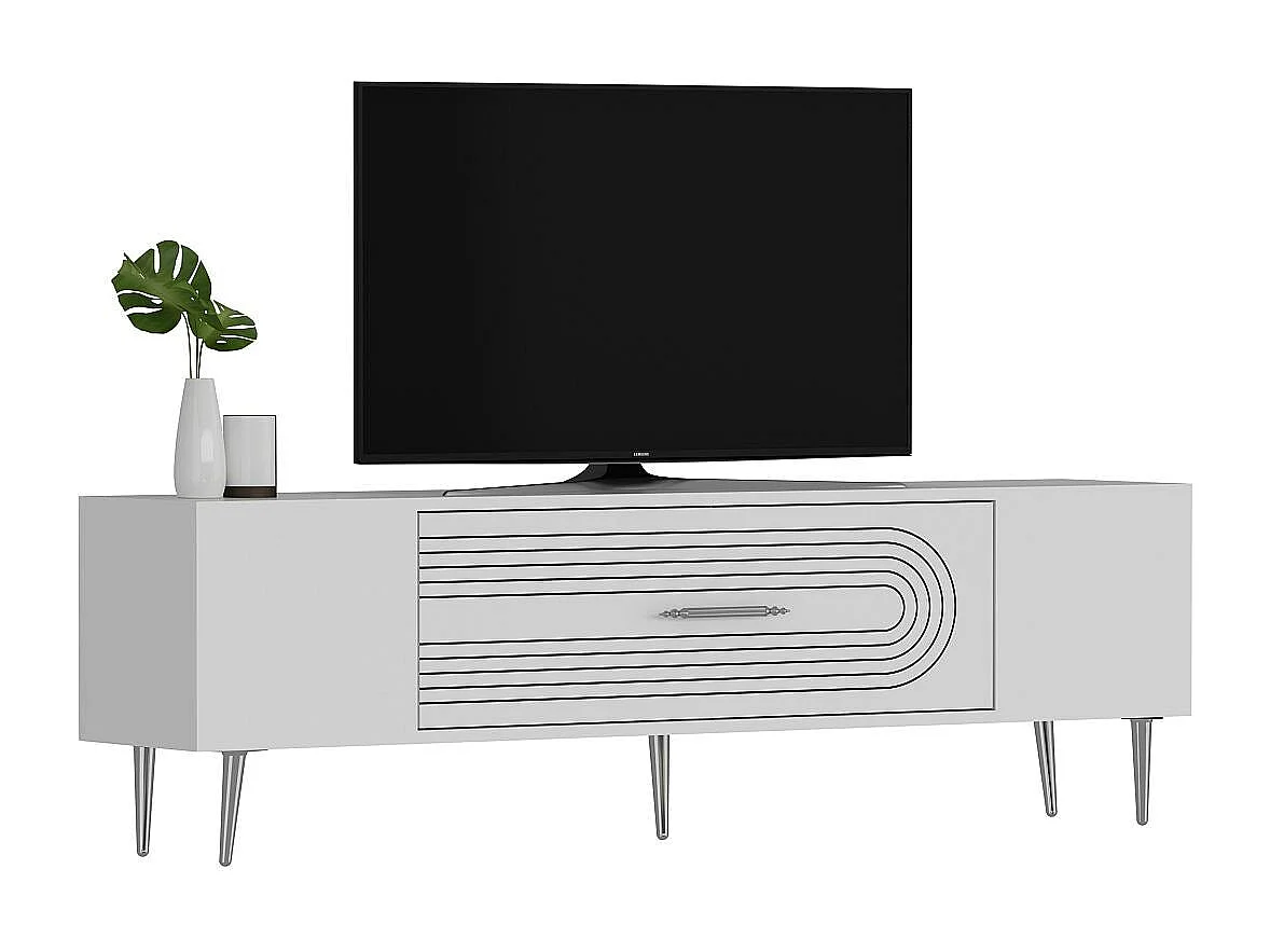 Meuble Tv design 1 porte basculante Steri L150cm Blanc et Argent