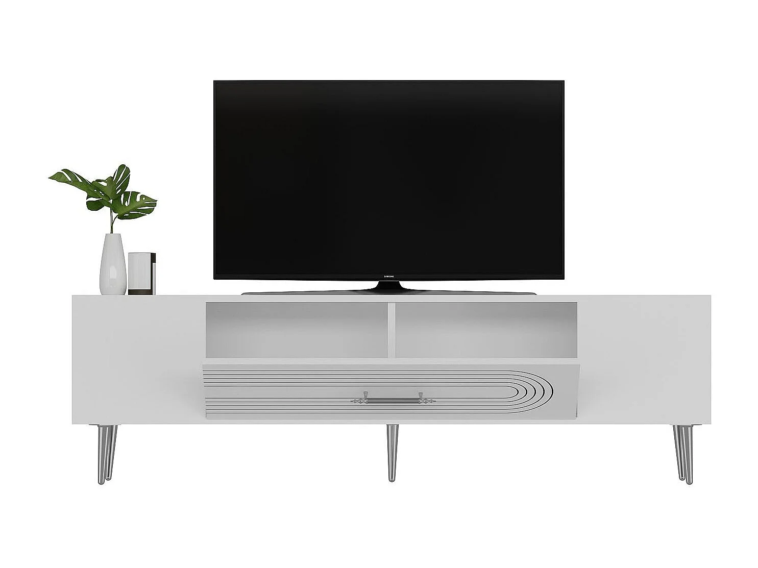 Meuble Tv design 1 porte basculante Steri L150cm Blanc et Argent