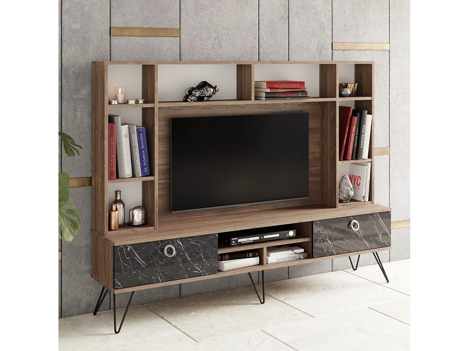 Meuble TV avec bibliothèque intégrée Ancara Bois Naturel et Effet marbre Noir