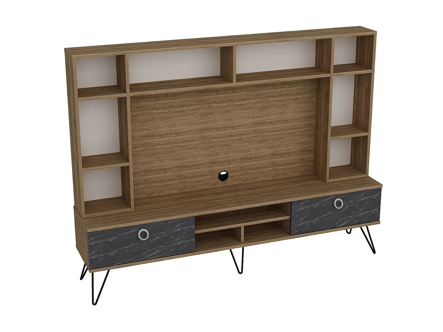 Meuble TV avec bibliothèque intégrée Ancara Bois Naturel et Effet marbre Noir