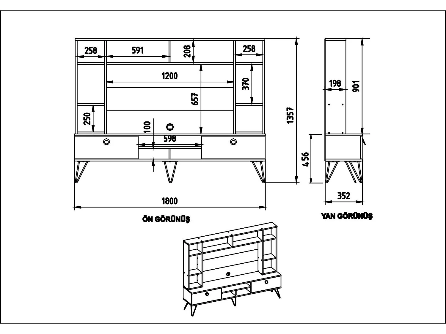Meuble TV avec bibliothèque intégrée Ancara Bois Naturel et Effet marbre Noir