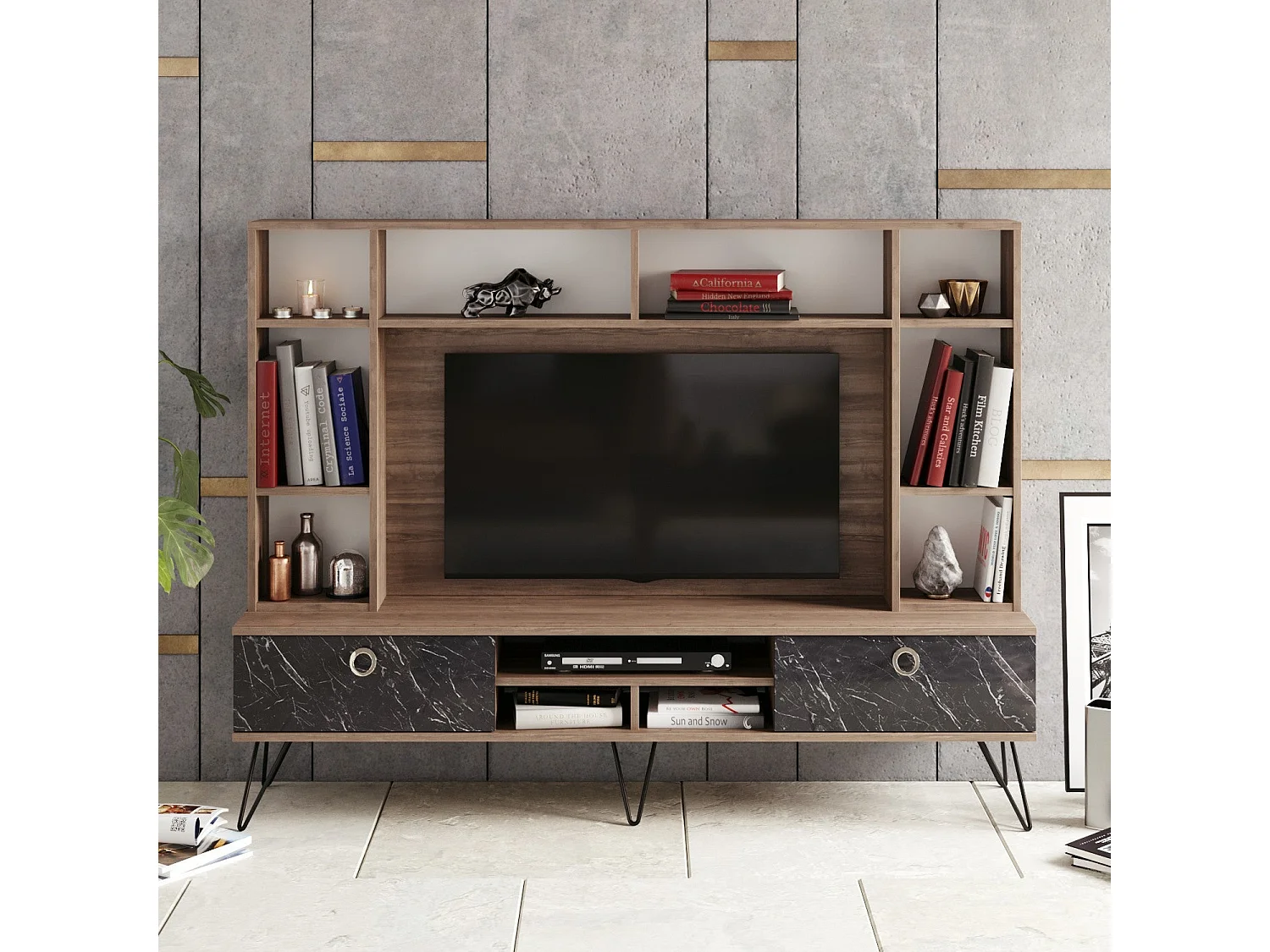 Meuble TV avec bibliothèque intégrée Ancara Bois Naturel et Effet marbre Noir