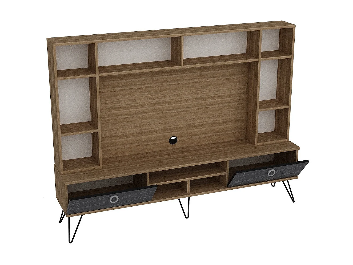 Meuble TV avec bibliothèque intégrée Ancara Bois Naturel et Effet marbre Noir