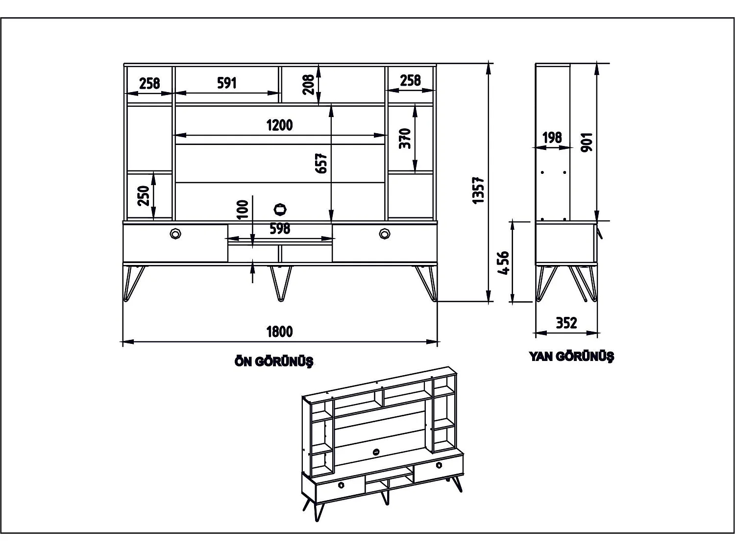 Meuble TV avec bibliothèque intégrée Ancara Bois Naturel et Effet marbre Noir