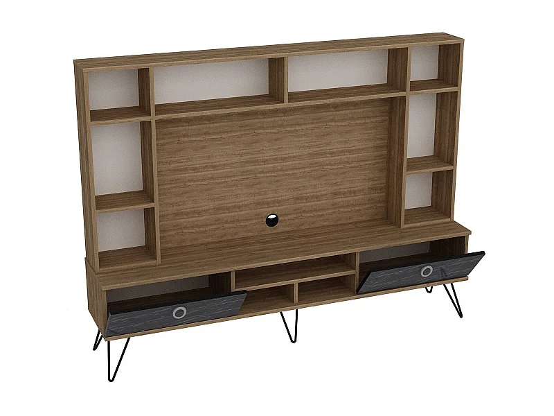 Meuble TV avec bibliothèque intégrée Ancara Bois Naturel et Effet marbre Noir