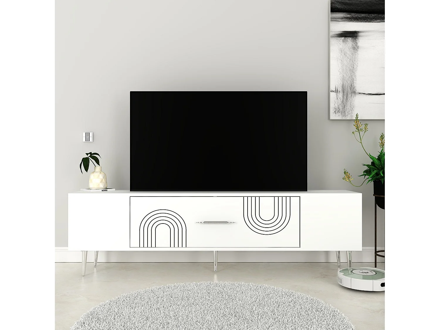 TV-meubel – 150 cm x 48,2 cm x 29,6 cm – Wit en zilver – Melamine gecoate spaanplaat