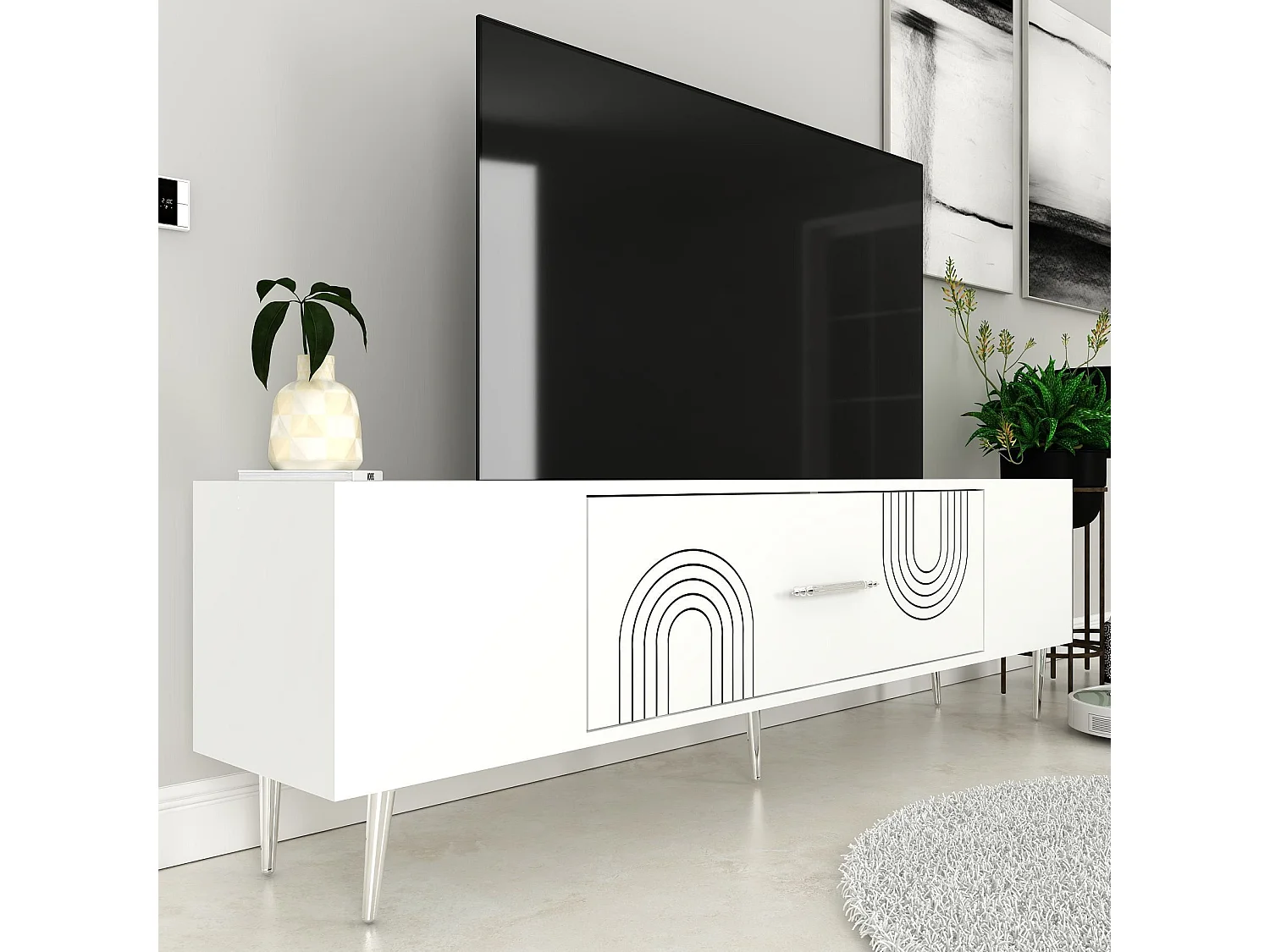 TV-meubel – 150 cm x 48,2 cm x 29,6 cm – Wit en zilver – Melamine gecoate spaanplaat