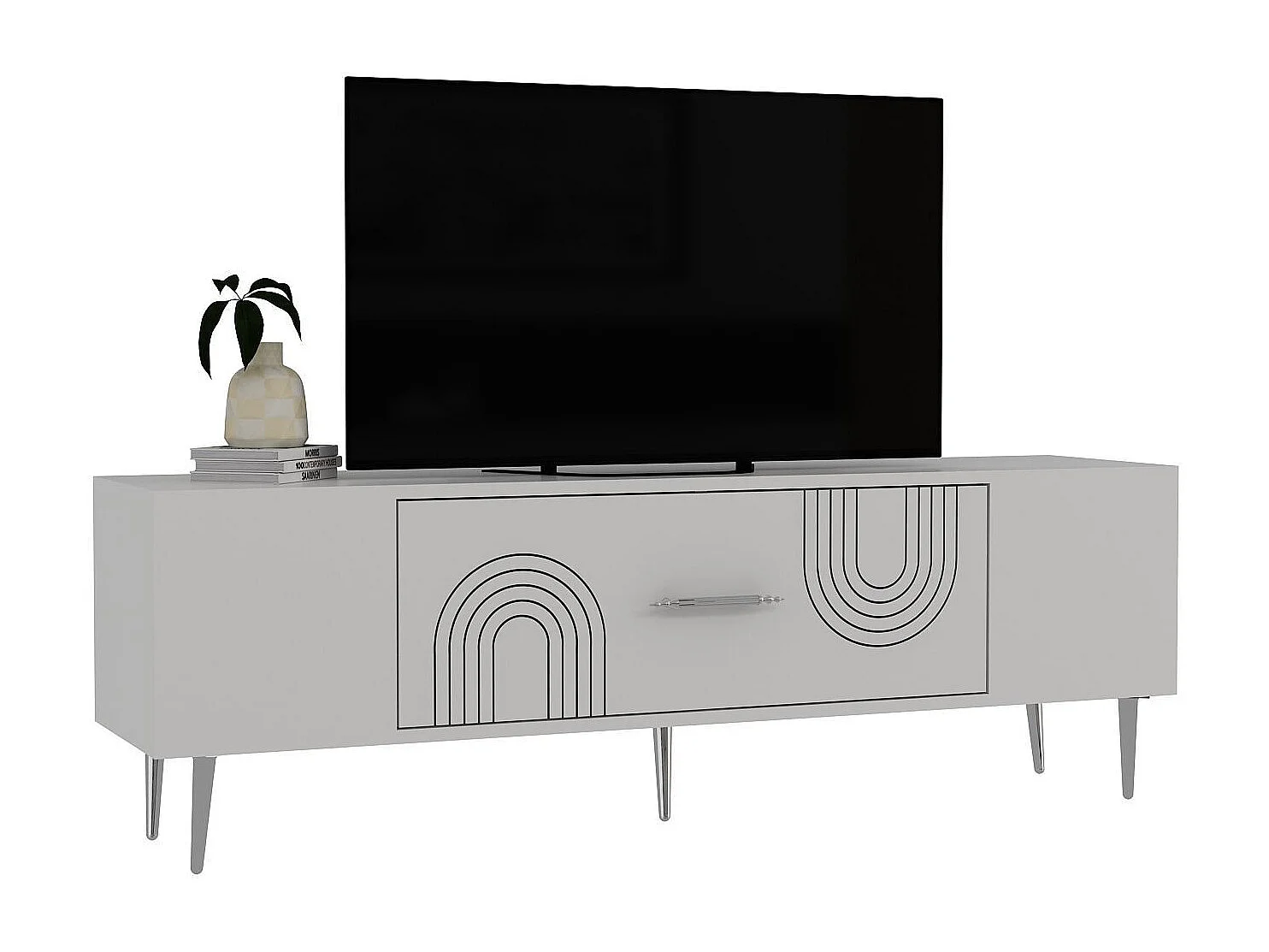 TV-meubel – 150 cm x 48,2 cm x 29,6 cm – Wit en zilver – Melamine gecoate spaanplaat