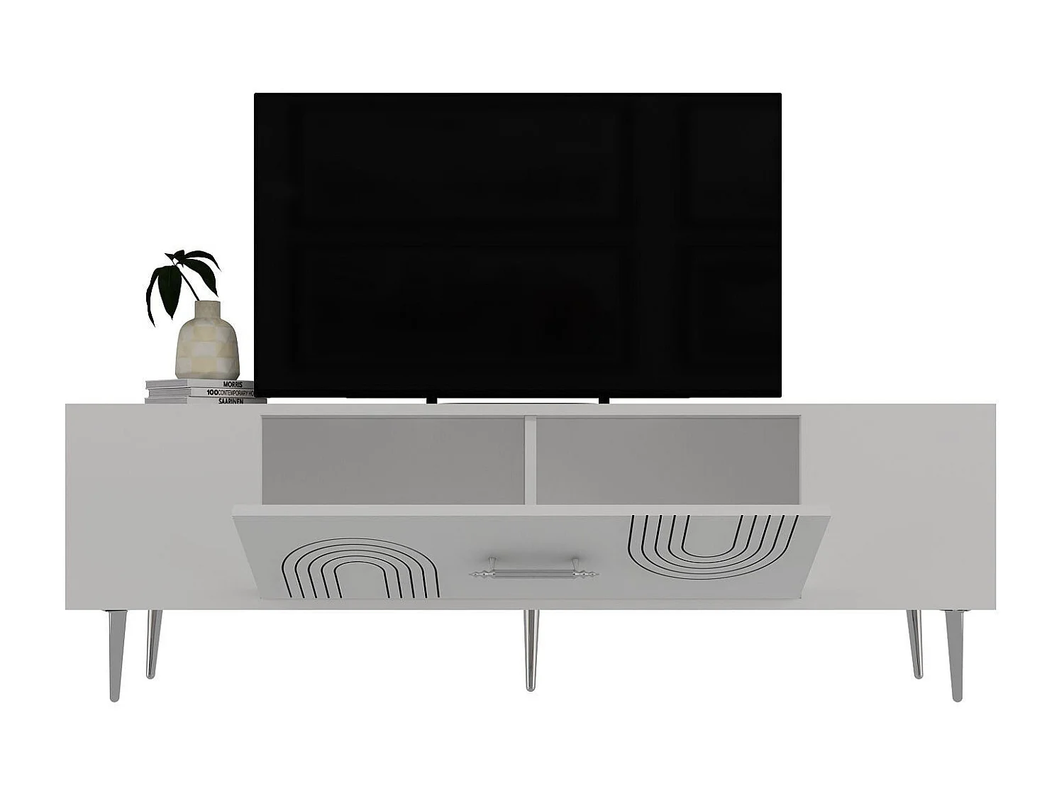 TV-meubel – 150 cm x 48,2 cm x 29,6 cm – Wit en zilver – Melamine gecoate spaanplaat