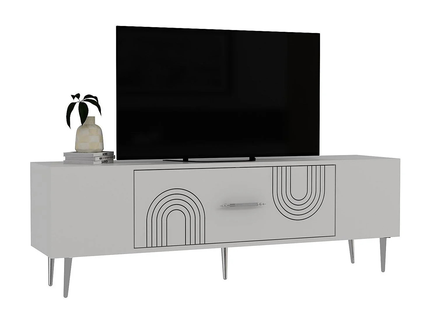 TV-meubel – 150 cm x 48,2 cm x 29,6 cm – Wit en zilver – Melamine gecoate spaanplaat