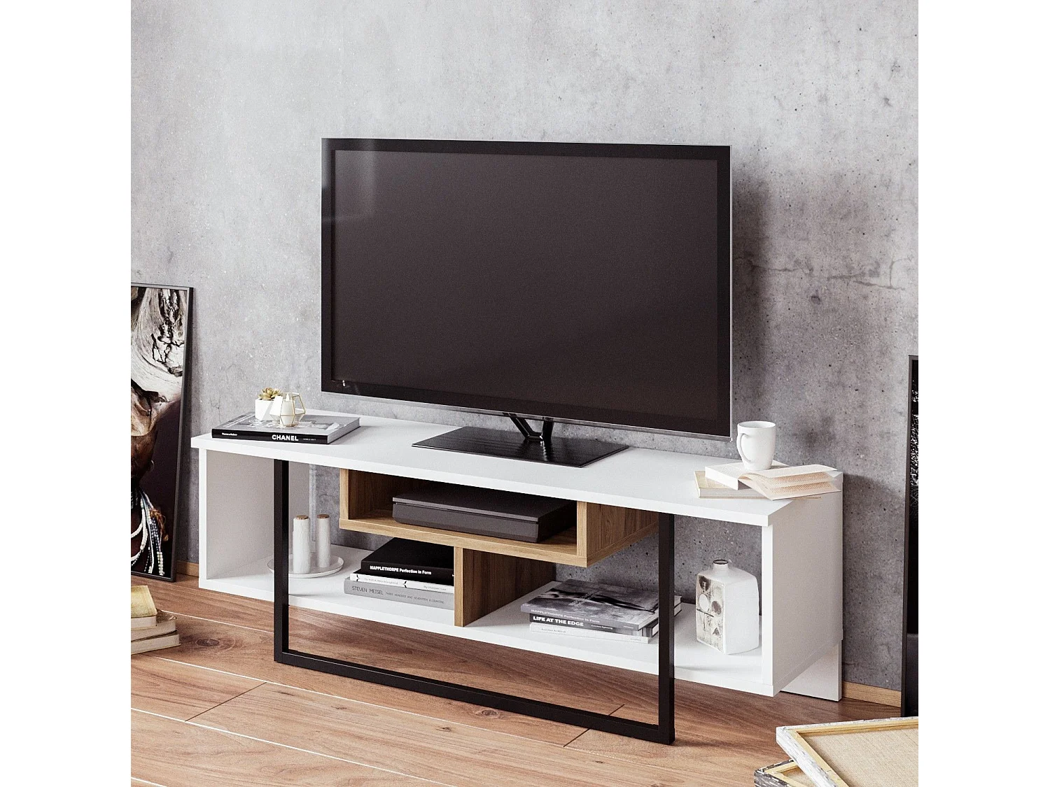Meuble TV Nikolai L120cm Bois Blanc, Chêne clair et Noir