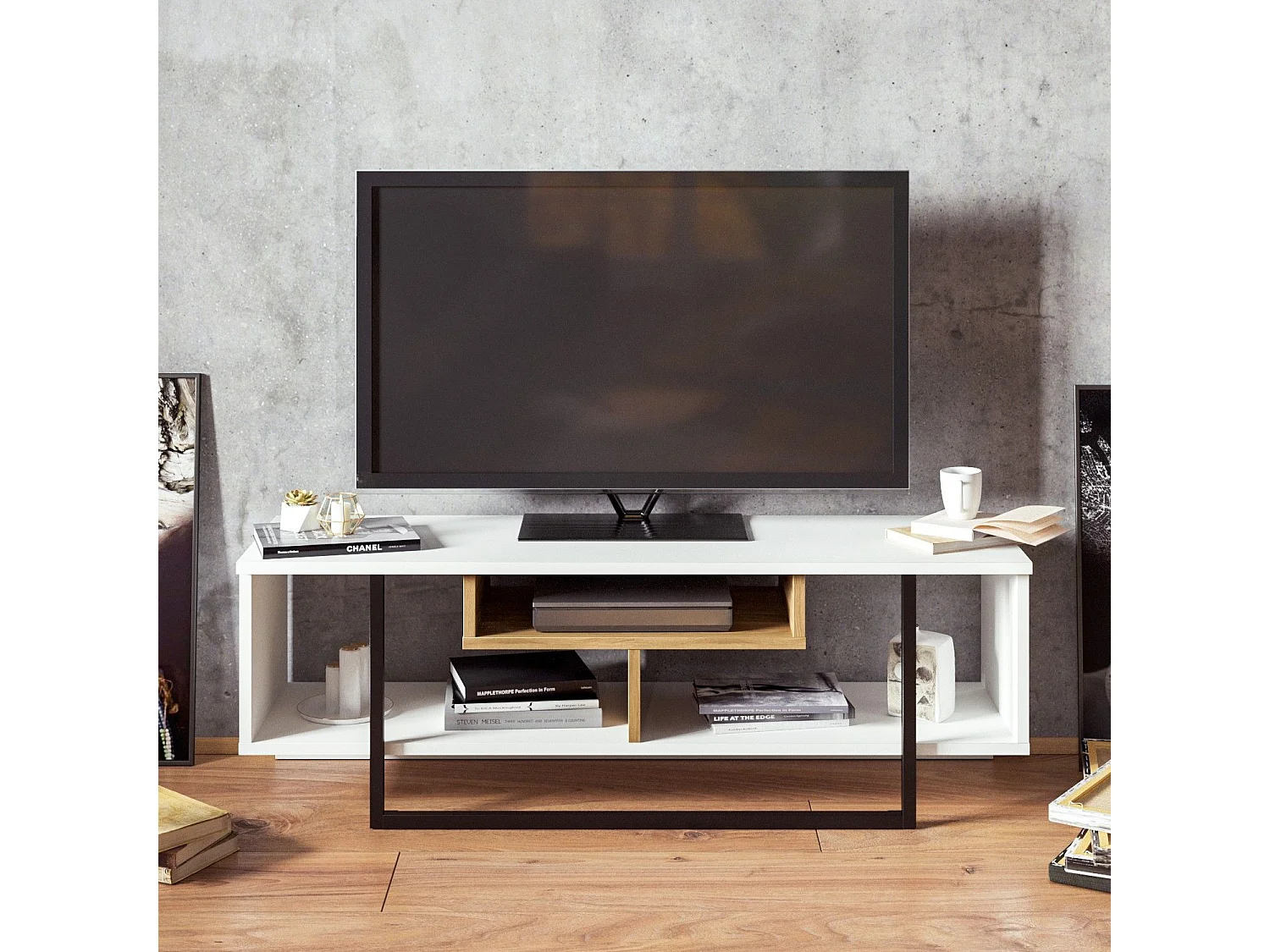Meuble TV Nikolai L120cm Bois Blanc, Chêne clair et Noir
