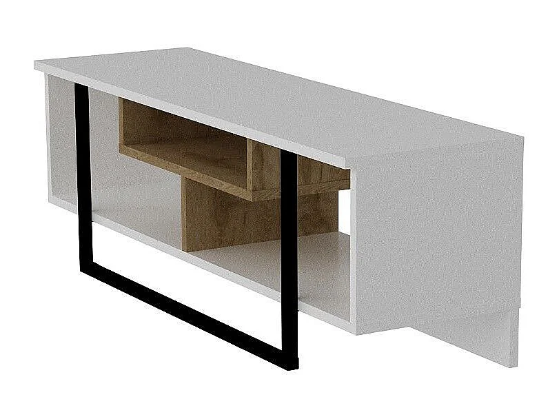 Meuble TV Nikolai L120cm Bois Blanc, Chêne clair et Noir