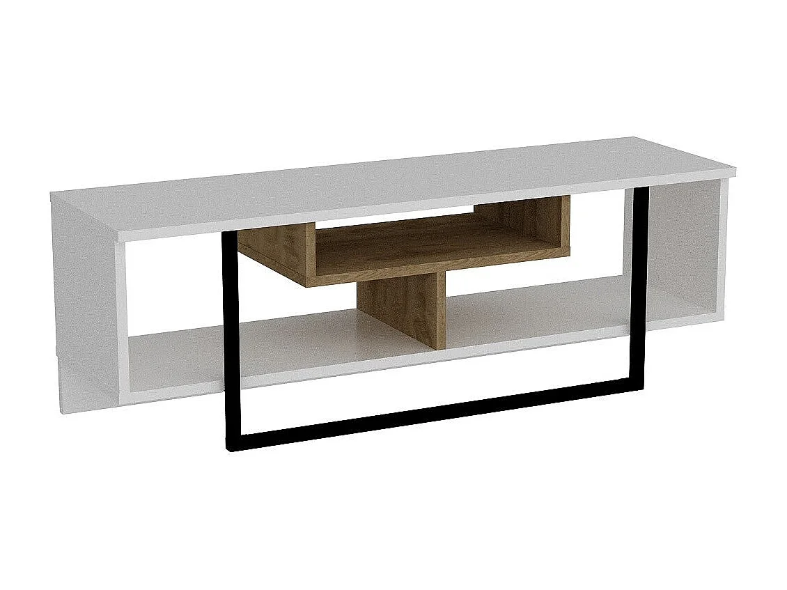 Meuble TV Nikolai L120cm Bois Blanc, Chêne clair et Noir