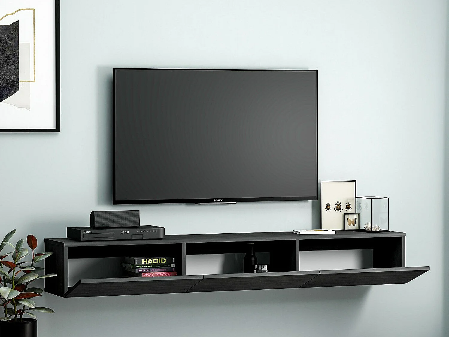 TV-Ständer – 180 cm breit – Schwarz – Melaminbeschichtete Spanplatte