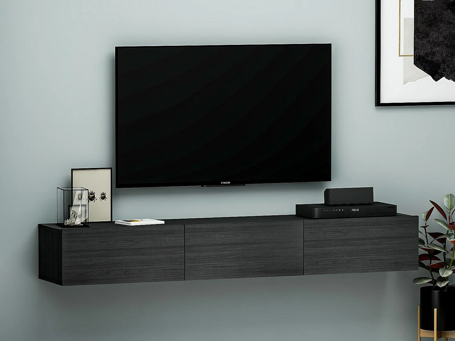 TV-Ständer – 180 cm breit – Schwarz – Melaminbeschichtete Spanplatte
